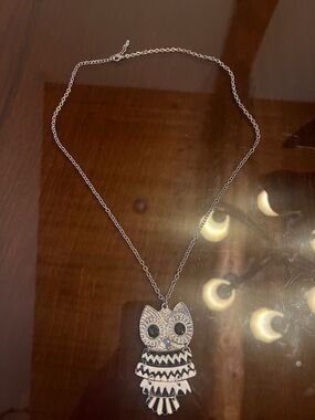 Silver Owl Pendant Necklace - White and Black Enamel